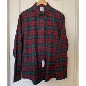 Brooks Brothers Mens Large Brushed Twill Red/Green Plaid Button Down Dress Shirt
